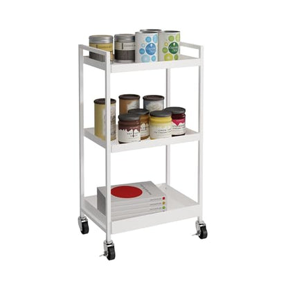 3-Tier Metal Utility Rolling Cart, Rectangular Cart with Lockable Casters, Kitchen Storage Carts Suitable for Office, Bathroom, Kitchen - White(12.1" D x 17.7" W x 31.2" H) - color: White