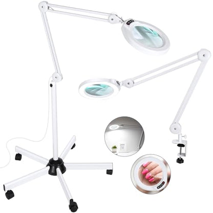 15X Magnifying Glass with Light and Stand, Real Glass Lens, 5 Color Modes, Stepless Dimmable, LED 2200 Lumens Floor lamp with 5 Wheels Rolling Base, Lighted Magnifier for Esthetician, Facials, Salon
