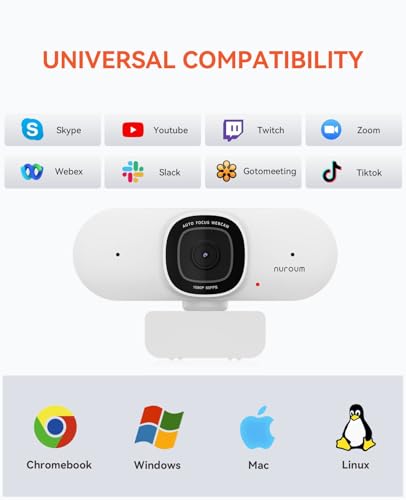NUROUM V15AF 2K Webcam for PC, 1080p 60FPS AutoFocus Web Camera with Microphone, Privacy Cover and Mute, 75°FOV Dual Microphone USB FHD Computer Camera, Plug and Play for Zoom/Skype/Teams, White - style: V15AF-White