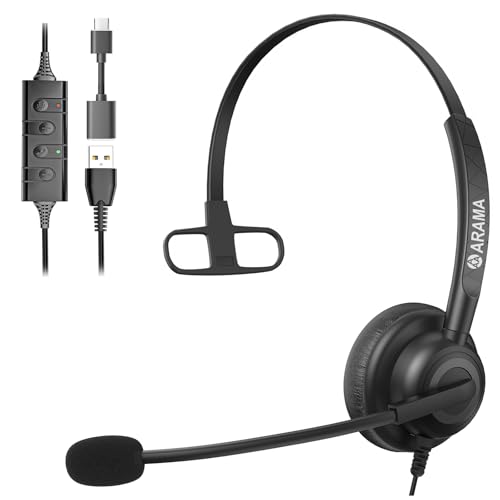 Arama Headset with Microphone for Pc, USB Headset with Mic, Computer Headphones with Noise Canceling Microphone for Laptop, Wired Headphones with Mute for Home Office Online Class Skype Zoom Meetings