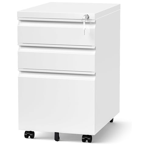 3 Drawer Mobile Locking File Cabinet,Anti-tilt Design Metal Vertical Filing Cabinet,Rolling Desk Filing Cabinet fits Letter/Legal Size for Home Office (White) - color: White, style: 3A