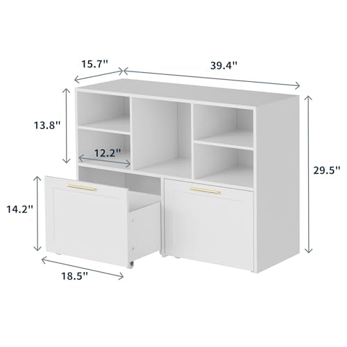 Lateral File Cabinet with 2 Drawers, Modern Filing Cabinet with Open Storage Cubes, Office Storage Cabinet Fits Letter/A4/ Size, Wooden Printer Stand for Home Office, White - color: White