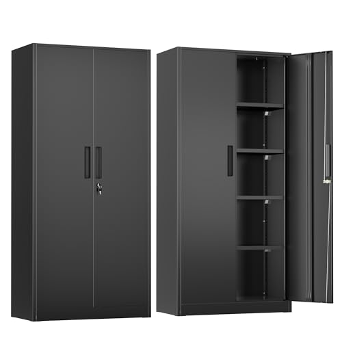 Greenvelly Metal Storage Cabinet, 72" Black Locking Storage Cabinets with Doors and 4 Shelves, Tall Tool Storage Cabinet for Garage, Steel Lockable File Cabinet Metal Locker for Home Office, Classroom - color: Black, size: 72 Inch