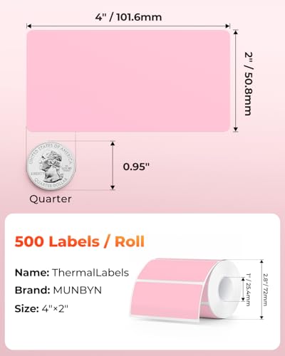 MUNBYN 4x2 Thermal Labels, 500 Sheets/1 Roll, Pink - color: Pink, size: 4x2"