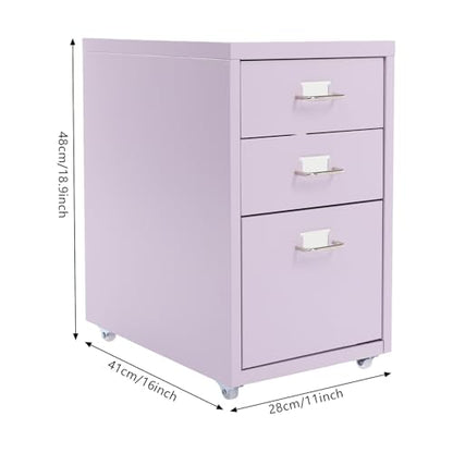 3 Drawers File Cabinet, 16*11*18.9In Aluminum Alloy Mobile Filing Cabinet Rolling Filing Cabinets Rectangular Storage Cabinets with Lock&4 Wheels for Kitchen Bedroom Living Room (Purple) - color: Purple