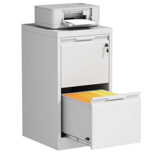 2 Drawer Metal Vertical File Cabinet with Lock for Home Office | 17.8 Inch Depth,Under Desk Small Filing Cabinet,Adjustable Hanging Bar,Fits Letter & Legal Size Files,Easy to Assemble,White - color: White, size: 17.8"D x 15"W x 25.8"H（2 Drawers）