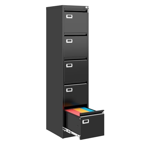 5 Drawer File Cabinet, Black Metal Filing Cabinets with Lock Name Card Holder, Metal Vertical Filing Cabinets for Home Office, Steel Storage Cabinet fits Letter/Legal/A4 Size(Assembly Required) - color: Black, size: 61.6"H x 15"W x 17.7"D