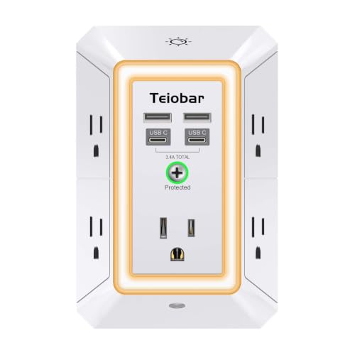 3-Sided Outlet Extender with Night Light - Teiobar Multi Plug Outlet with 5 AC Outlets and 4 USB Ports(2 USB-C), USB Wall Charger for Home, Office, Travel, ETL, White - color: White, size: 5-Outlets/Night Light