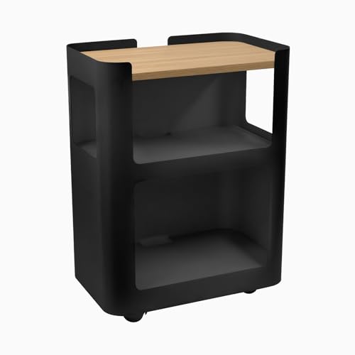 Desky Minimal Open Mobile Pedestal – 3-Tier Open Storage Cabinet with Hidden Swivel Casters and Integrated Cable Management, Black Frame/Sublime Teak - color: Sublime Teak / Black, size: Black