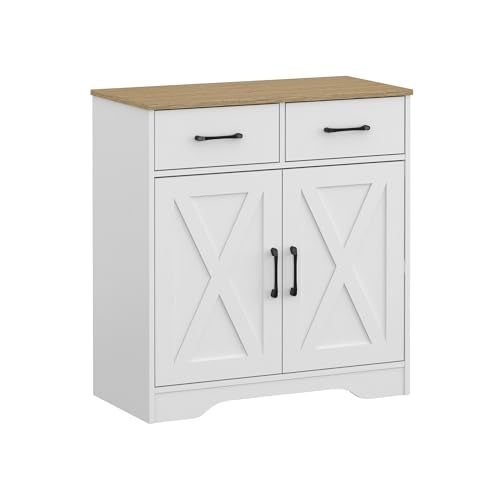 Panana Sideboard 2 Drawers 2 Doors Entryway Storage Cabinet Living Room Organizer Farmhouse Style Wooden Kitchen Cupboard (White) - color: White