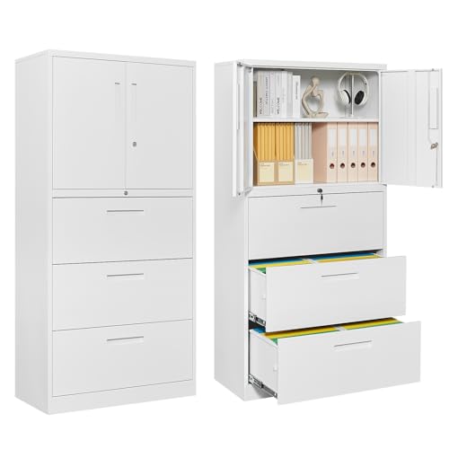 PEUKC 3-Drawer Metal File Cabinet, Lateral Vertical Filing Cabinets for Home Office, Locking Cabinet with Storage Shelves, Legal/Letter/A4 Size Office File Cabinet,(White, Assemble Required) - color: White, size: 65''H