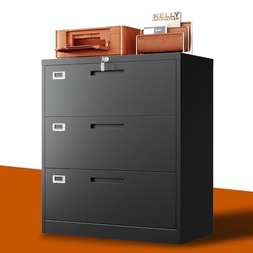 BYNSOE Lateral File Cabinet with Lock,Metal Filing Cabinet with 3 Drawer,Steel Lateral File Cabinet for Legal/Letter A4 Size,Wide File Cabinet for Office Home,Assembly Required - color: Black, size: 3 Drawers