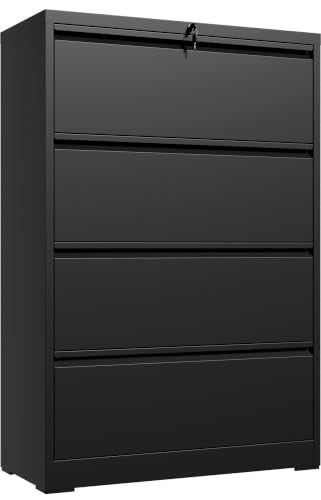4 Drawer Lateral File Cabinet, Metal Filing Cabinet for Home Office, Black | Heavy-Duty Steel Locking Large File Cabinet, Hanging Letter/Legal/A4 Size, Full-Extension Silent Drawer, Un-Assembly - color: Black, size: 4 Drawers (35.43 in Width)
