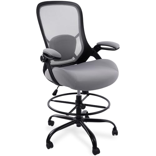 HYLONE 400lbs Heavy Duty Drafting Chair 5" Thickened Seat Office Chair with Flip-Up Armrests Tall Ergonomic Computer Chair with Lumbar Support and Adjustable Footrest Ring Standing Desk Chair(Grey) - color: Dark Drey
