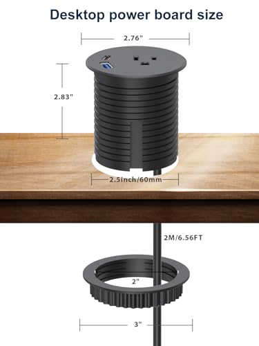 2.5 Inch Desk Power Grommet, 20W USB C 1 AC Outlets for Home&Office | 2.5''(60mm) Desk Hole,Flush Mount Outet, 2 USB Ports,6.6 ft Extension Cord,Black