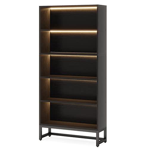 Tribesigns Tall Bookcase Black Bookshelf, 70.8” Large Bookcases Organizer with LED Lights, Heavy Duty Free-Standing Library Bookshelf with 5-Tier Storage Shelves for Living Room, Bedroom (Black) - color: Black