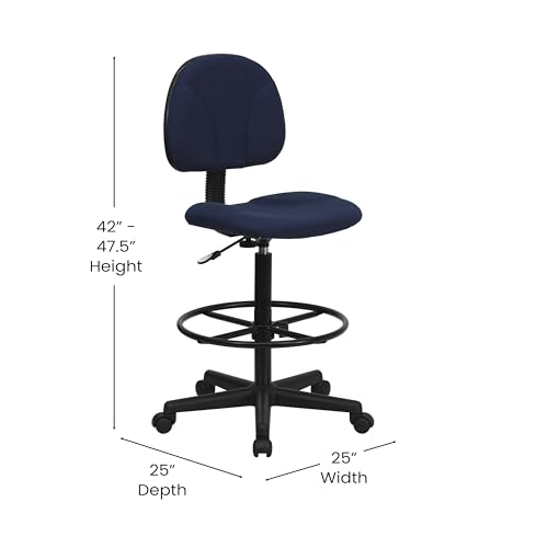 BizChair Navy Blue Patterned Fabric Adjustable Height Drafting Chair with Adjustable Foot Ring - color: Navy Blue Patterned