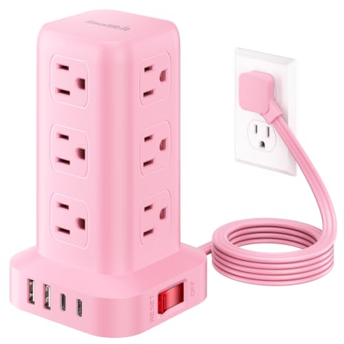 Extension Cord with Multiple Outlets, SMALLRT Power Strip Tower, Outlet Extender with 12 AC Outlets 4 USB, 6.5FT Extension Cord for Home Dorm Room, Office Supplies, Pink - color: Pink, size: 6.5 Ft without wireless charging