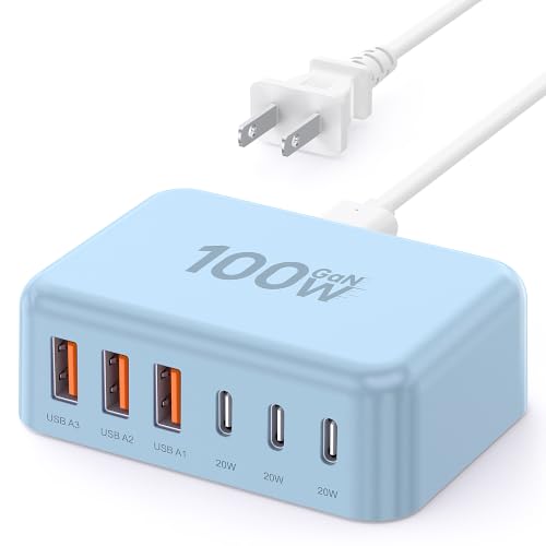 USB Fast Charger Block 50% Smaller 100W Max 6-Port GaN USB Charging Station - color: Light Blue, size: 100W