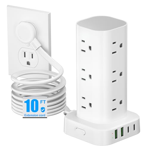 Flat Plug Power Strip Tower Surge Protector, 10FT Flat Extension Cord with Multiple Outlets, 12 AC Outlets, 4 USB Ports (2 USB C) Charging Station for Office Home Dorm Room Travel (White) - color: White, size: 10FT without Wireless Charger