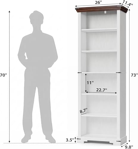 6-Tier Farmhouse Bookshelf, 73 inch Tall Book Shelf with Unique Design & 2 Adjustable Shelves, Wooden Bookshelf for Study Room, Living Room, Kitchen, Bedroom (White) - color: White, size: 6-tier