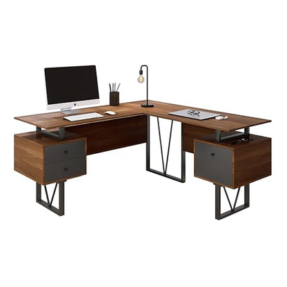 Techni Mobili Reversible L-Shaped Computer Desk with File Cabinet, Brown