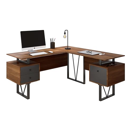 Techni Mobili Reversible L-Shaped Computer Desk with File Cabinet, Brown