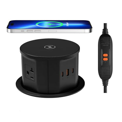 ANNQUAN 4.7" 20A GFCI Pop Up Outlet Wireless Charger 65W USB Black | Max 65W Power Delivery,4.75" Pop Up Electrical Outlet with 3 Outlets 3 USB Ports - color: Black, size: 20 Amp(GFCI)