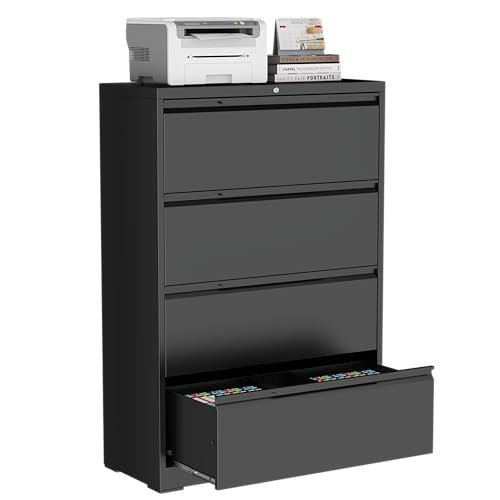4 Drawer Metal Lateral File Cabinet with Lock for Home Office | 35.5 Inch Ultra Spacious Tabletop;440 LBS Max Weight Capacity;for Letter/Legal/F4/A4 Size;Fast Easy Assemble;Black - color: Black, size: 15.7"D x 35.4"W x 52"H（4 Drawers）