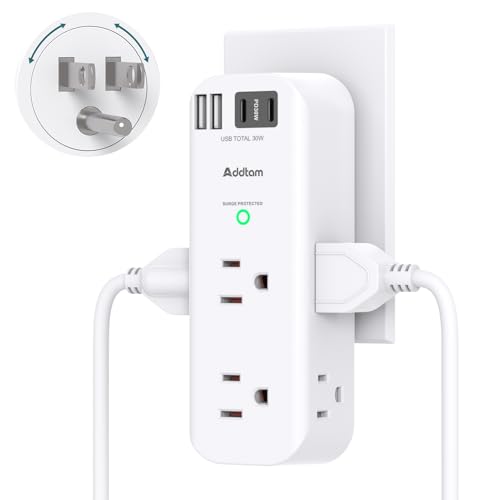 Addtam 30W USB C Outlet Extender Surge Protector, Rotating Plug | 6 AC Outlets Splitter, 4 USB Ports (2 USB-C), 1800J Wall Mount Power Strip, 3-Side Multi Plug for Dorm, Travel Essentials - color: White, size: 2C2A 30W