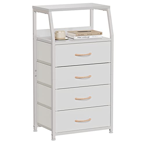 Tall Nightstand with 4 Fabric Drawers, Small Dresser for Bedroom | White Dorm Bedside Table , Dresser for Closet, Storage Drawer for Living Room, Entryway, Furniture, Metal Frame, Wood Top - color: White, style: 4 Drawers