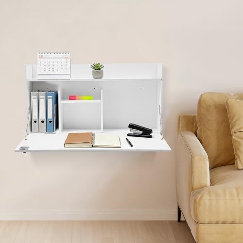 Wall Mounted Foldable Desk Cabinet, 31.5" Floating Desk with Storage, Space Saving Wall-Mounted Workstation for Home Office
