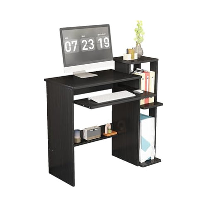35" Compact Computer Desk with 3-Tier Storage Shelves & Keyboard Tray – Small Study Table for Bedroom or Home Office (Black) - color: Black