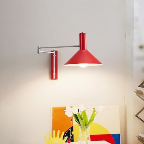 Modern Industrial Red Conical Shade Wall Sconce Minimalist Adjustable Swing Arm Wall Lamp Interior Accent Wall Mount Light Fixture for Bedroom Study Living Room