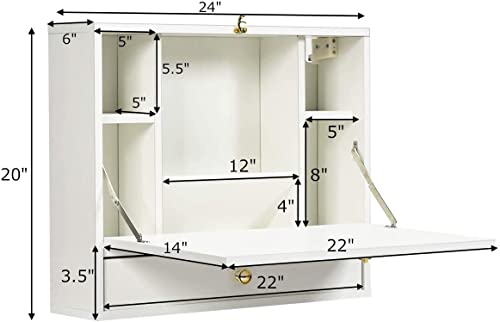 GRAFFY Wall Mounted Table, Multifunctional Folding Hanging Storage Cabinet, Space Saving Computer Desk w/Storage Drawer and Shelves, Wall Mount Laptop Desk for Home Office (White)