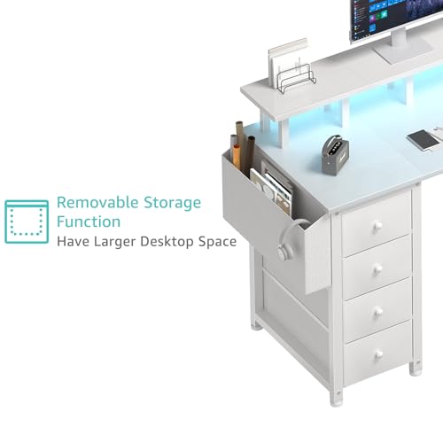 Lufeiya White L Shaped Computer Desk with Fabric Drawers, 55 Inch Corner Home Office Desk with Monitor Stand Shelves, Writing Study Gaming Desks with Led Lights and Power Outlets for Bedroom, White