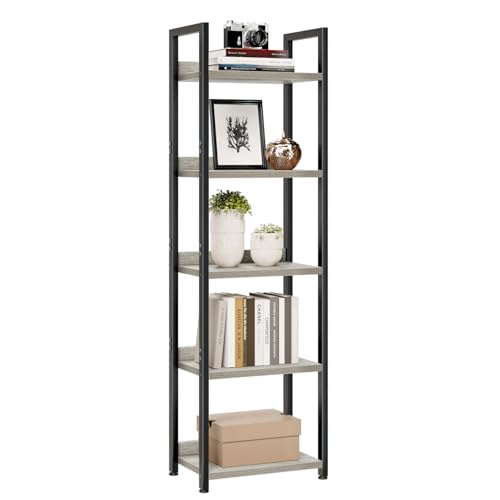 NUMENN Narrow Bookshelf, 5 Tier Freestanding Shelving Unit, Grey | Metal Frame & Wood Shelves, Falling Prevention Baffle, Open Storage Bookcase for Bedroom, Living Room & Home Office - color: Grey, size: 5 Tier(Narrow)