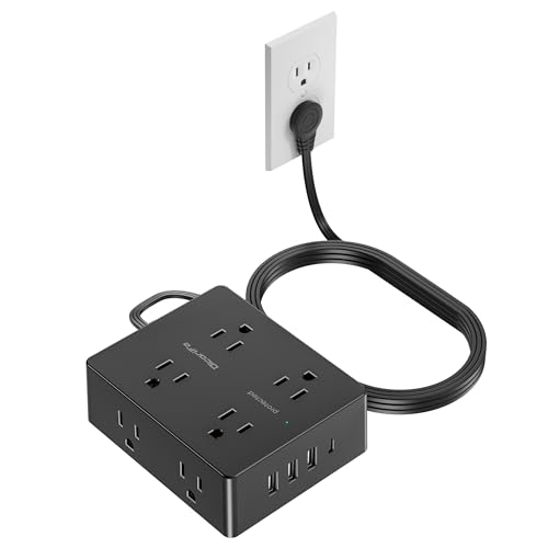 Olcorife Flat Plug Power Strip with 10 FT Extension Cord, 8 Outlets 4 USB Ports(1 USB C), 3 Sided Outlet Extender for Home Office Travel Dorm Room Essentials, Black - size: 10 FT, style: 8AC(Black)