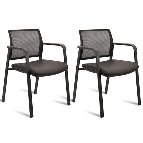 CLATINA Stackable Office Chair, Mesh Back Guest Chairs with Comfortable Leather Seat Arms Stacking Ergonomic Desk Chair No Wheels for Conference Waiting Reception School Stationary, Black, Set of 2 - color: Black Leather, size: 2 pack
