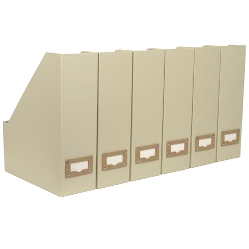 BLU MONACO | Cardboard Magazine File Holder Set of 6 | Vertical Magazine File Holder with Label Slots | Beige Linen Foldable File Organizers for Desk Shelf Office - color: Grey Linen