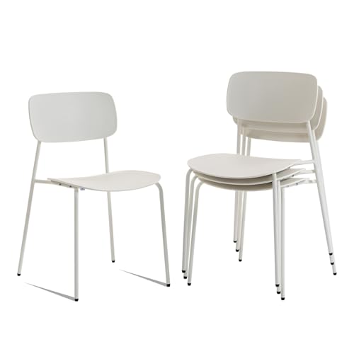 Sidanli Modern Stacking Chairs, White, Set of 4 | Plastic Seat with Sturdy Metal Frame, Capacity 300lbs, Compact Design, Chairs for Waiting Break Room Classroom, Easy to Clean - color: White
