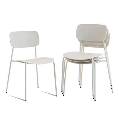 Sidanli Modern Stacking Chairs, White, Set of 4 | Plastic Seat with Sturdy Metal Frame, Capacity 300lbs, Compact Design, Chairs for Waiting Break Room Classroom, Easy to Clean - color: White