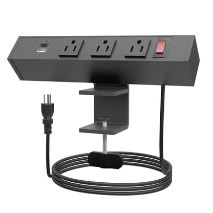 FOH Aluminum Desk Clamp Power Strip, Surge Protector, 1875W, Square | 3 in 1 Desk Stand with 3CA, Multi-Contact USB Power, Power Socket with Switch, 3 Port Clamp, USB-A & USB-C, 6FT Cable - size: Square