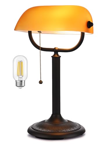 1-Minute Quick-Change Shade Matted Amber Glass Bankers Desk Lamp | Antique Plug in Fixture for Study Office Library,LED Bulb Included - color: Matted Amber