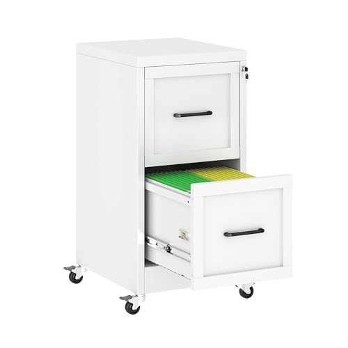 pozdeg 2 Drawer Mobile Vertical Metal File Cabinet with Lock, White | Narrow Vertical Steel Storage Organizer, Fits Letter/A4/Legal Documents, Secure Lock Design for Office & Home Storage ﻿ - color: White, size: 17.72"D x 14.96"W x 31.5"H