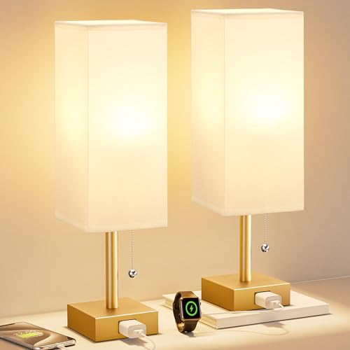 Bedside Lamp for Bedroom Set of 2 - Gold Table Lamp for Nightstand | AC Outlet, 3 Color Temperatures, LED Bulb Included, Pull Chain Design, 14" Rectangular Desk Lamp for Dorm/Office, 2-Pack - color: White & Gold, size: 14.3In
