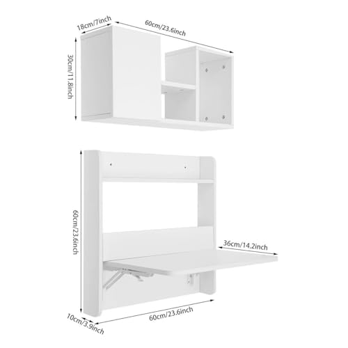 Floating Desk, 24" Wall Mounted Folding Desk with Bookshelf Folding Wall Desks Space Saving Workstation with Storage Shelves for Home Office Bedroom Study Room Small Space - color: White