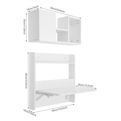 Floating Desk, 24" Wall Mounted Folding Desk with Bookshelf Folding Wall Desks Space Saving Workstation with Storage Shelves for Home Office Bedroom Study Room Small Space - color: White