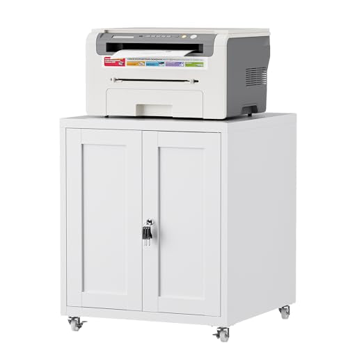 Large Printer Stand with Storage and Lock, 3D Heavy-Duty Printer Cabinet, Printer Table for Home Office with Doors and Adjustable Shelves, for Office Copier and Fax Machine, White - color: White, size: 28.0"H