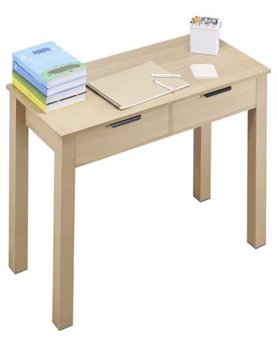 VEVOR Small Desk with Drawers, Wooden Table for Home Office, Small Computer Desk with Storage, Vanity Desk with Drawers, Study Table for Adults/Students for Drawing, Reading, Writing, Light Wood - size: 34.25"D x 15.55"W x 29.57"H